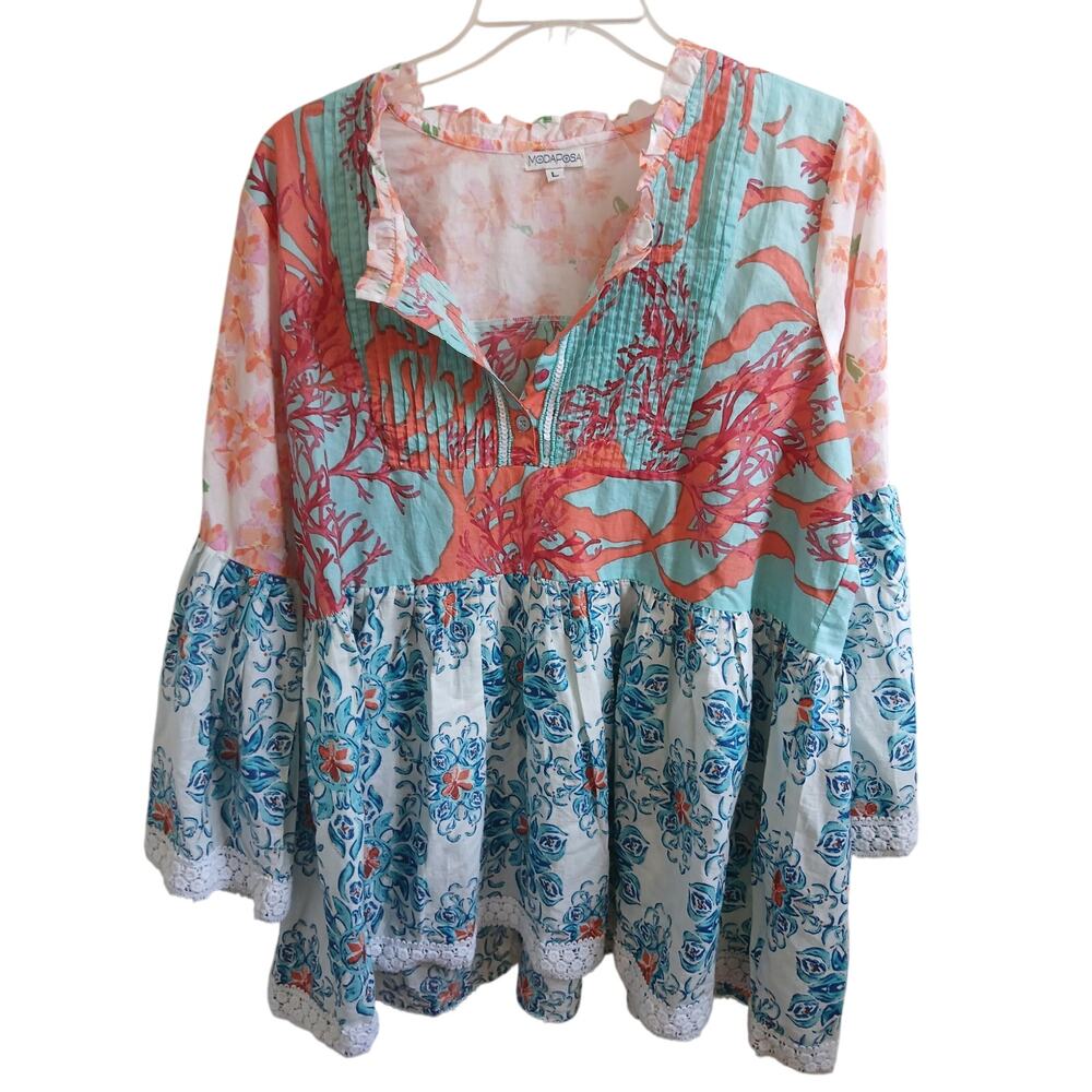 Modaposa tiered lace trim patchwork pintuck boho blouse tunic Large